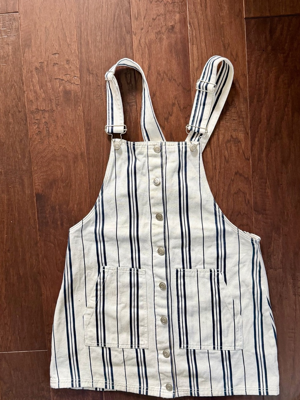 Mi Ami Francesca ,Striped Button-Front Overall Dress in White and Navy